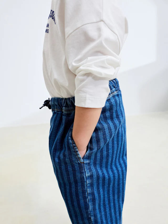 |Boy| Calça Jeans Larga Listrada Azul-Escuro (3 meses a 7 anos)