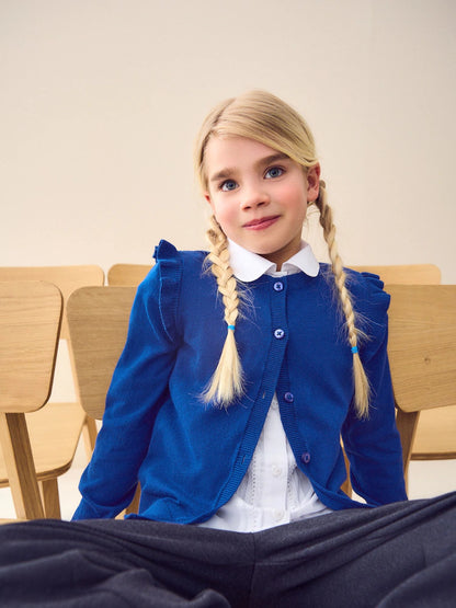|BigGirl| Cardigan Escolar Azul De Algodão Com Babados Nos Ombros (3-16 anos)