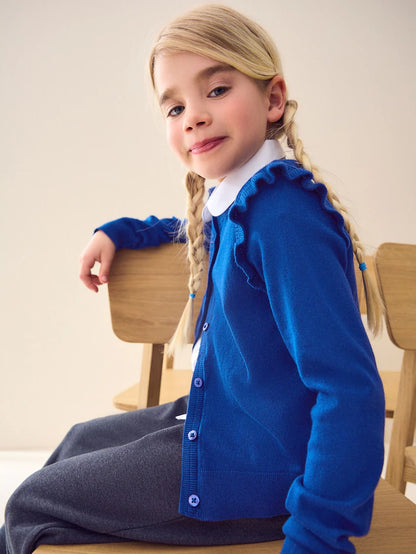 |BigGirl| Cardigan Escolar Azul De Algodão Com Babados Nos Ombros (3-16 anos)