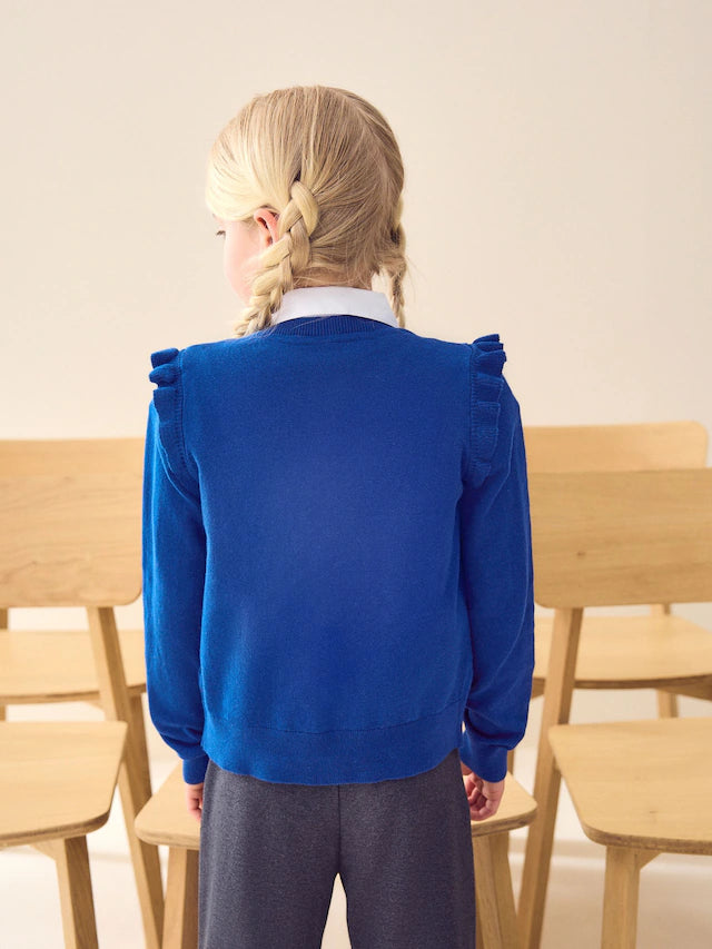 |BigGirl| Cardigan Escolar Azul De Algodão Com Babados Nos Ombros (3-16 anos)