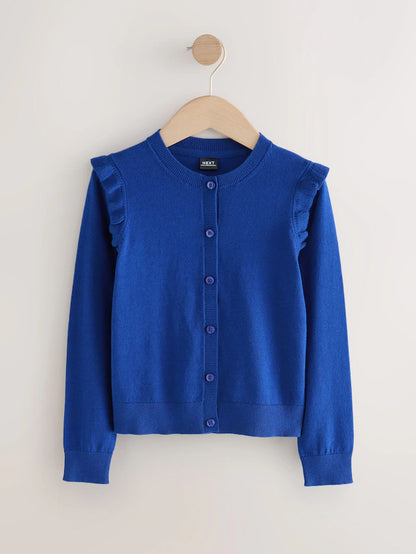 |BigGirl| Cardigan Escolar Azul De Algodão Com Babados Nos Ombros (3-16 anos)