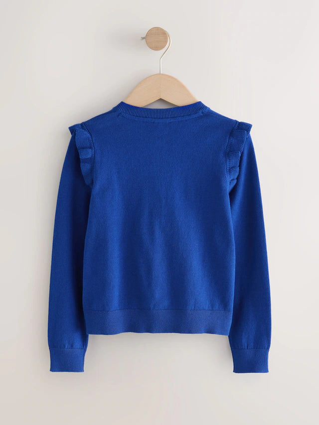 |BigGirl| Cardigan Escolar Azul De Algodão Com Babados Nos Ombros (3-16 anos)