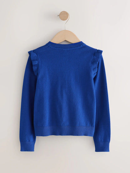 |BigGirl| Cardigan Escolar Azul De Algodão Com Babados Nos Ombros (3-16 anos)