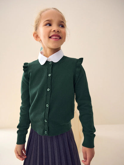 |BigGirl| Cardigan Escolar Verde De Algodão Com Babados Nos Ombros (3-16 anos)