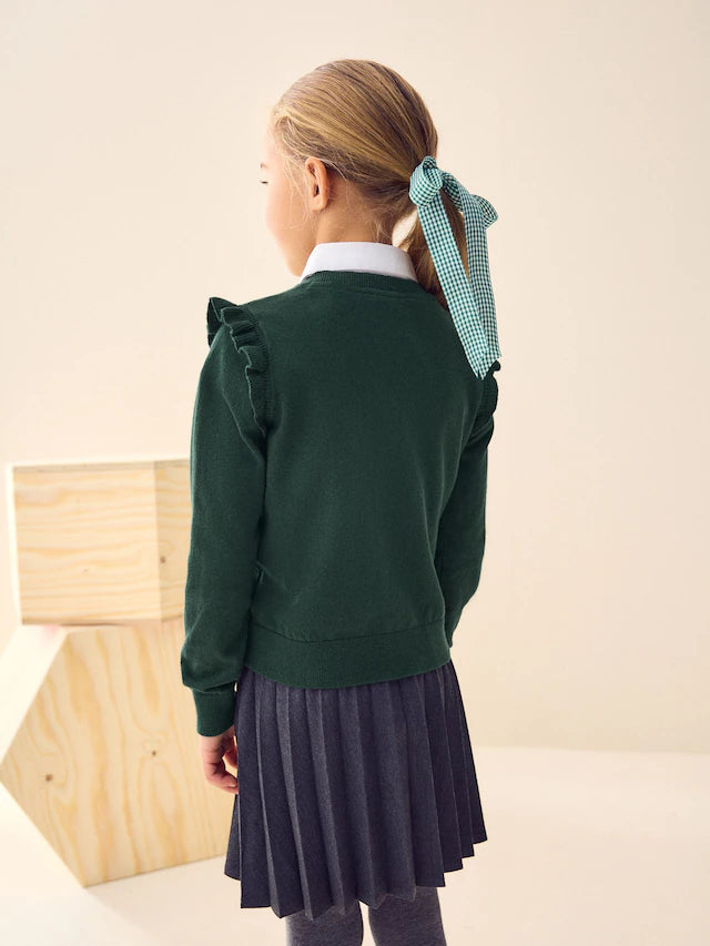 |BigGirl| Cardigan Escolar Verde De Algodão Com Babados Nos Ombros (3-16 anos)