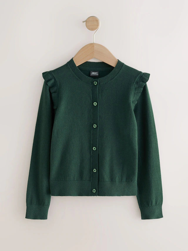 |BigGirl| Cardigan Escolar Verde De Algodão Com Babados Nos Ombros (3-16 anos)