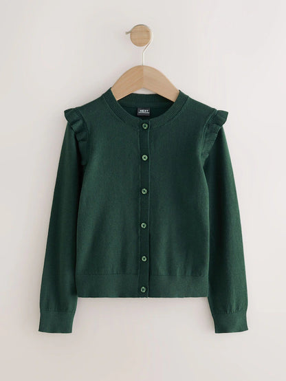 |BigGirl| Cardigan Escolar Verde De Algodão Com Babados Nos Ombros (3-16 anos)