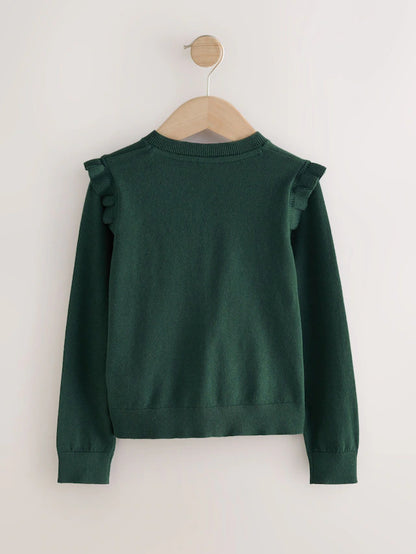 |BigGirl| Cardigan Escolar Verde De Algodão Com Babados Nos Ombros (3-16 anos)