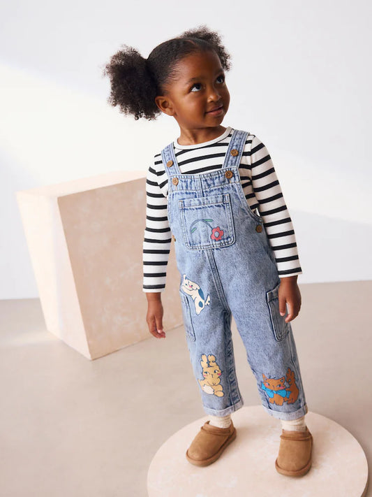 |Girl| Conjunto De Macacão Jeans Azul Médio Com Estampa Animal e Camiseta Listrada (3 meses a 7 anos)