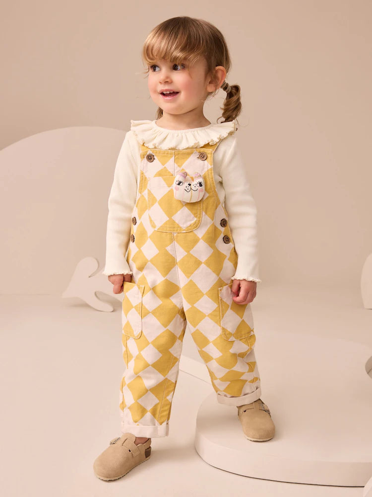 |Girl| Conjunto De Macacão Com Estampa Arlequim Amarelo (3 meses a 7 anos)