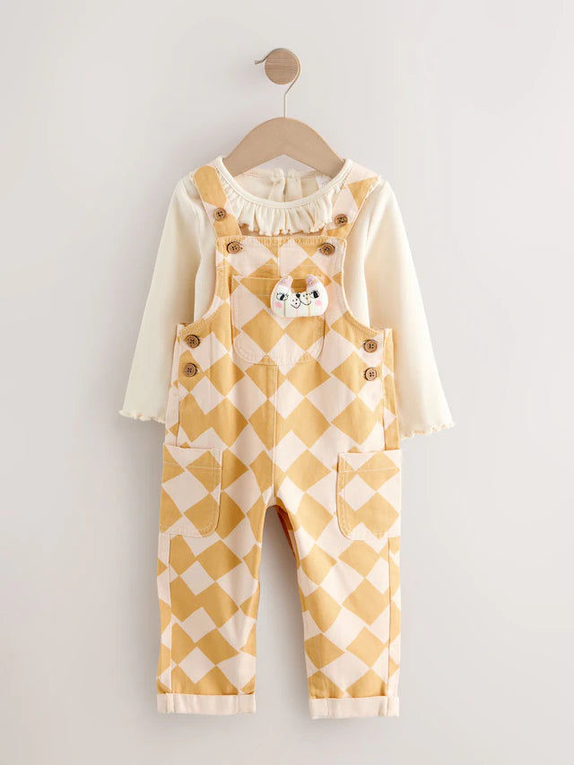 |Girl| Conjunto De Macacão Com Estampa Arlequim Amarelo (3 meses a 7 anos)