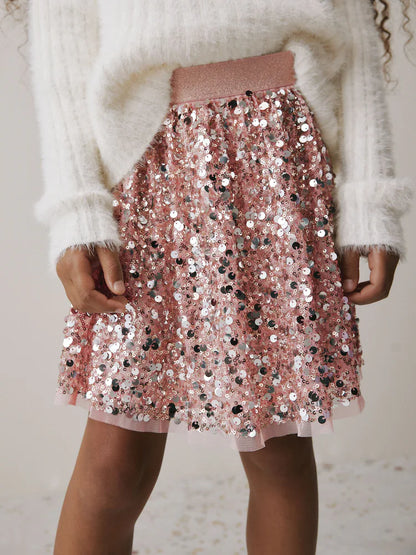 |BigGirl| Saia Bolha Com Lantejoulas Douradas Champanhe (3-16 anos)