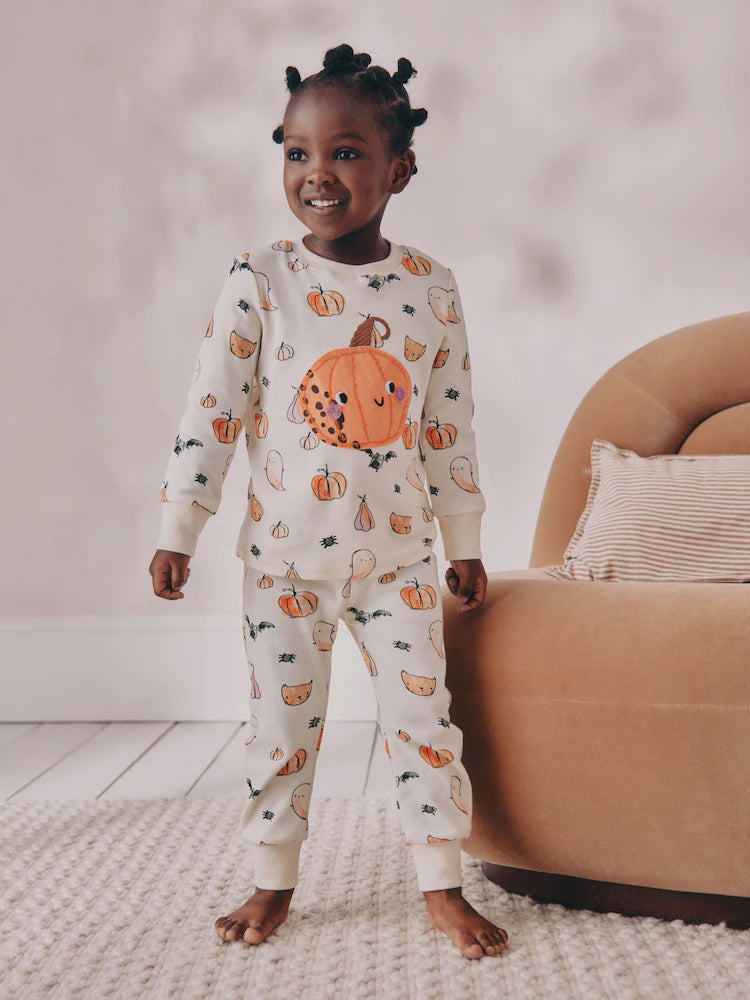 |Girl| Pijama de Halloween Com Estampa De Abóbora Crua e Branca (9 meses a 12 anos)