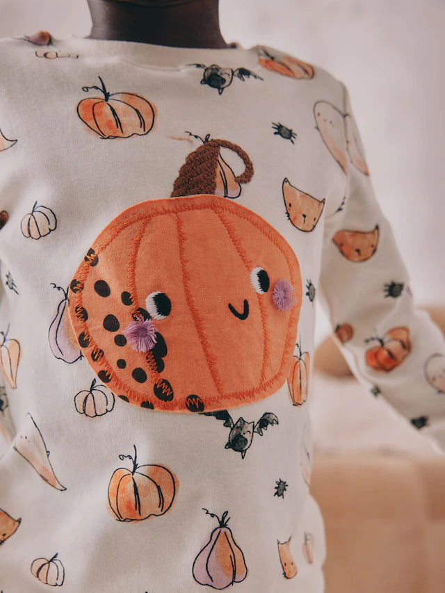 |Girl| Pijama de Halloween Com Estampa De Abóbora Crua e Branca (9 meses a 12 anos)