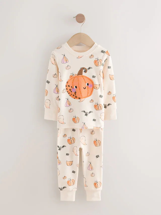 |Girl| Pijama de Halloween Com Estampa De Abóbora Crua e Branca (9 meses a 12 anos)
