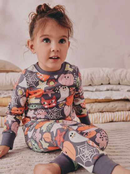 |Girl| Pijama de Halloween Com Estampa De Fantasma e Abóbora Cinza (9 meses a 12 anos)