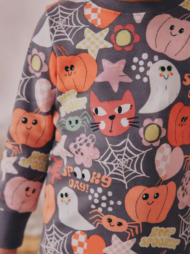 |Girl| Pijama de Halloween Com Estampa De Fantasma e Abóbora Cinza (9 meses a 12 anos)