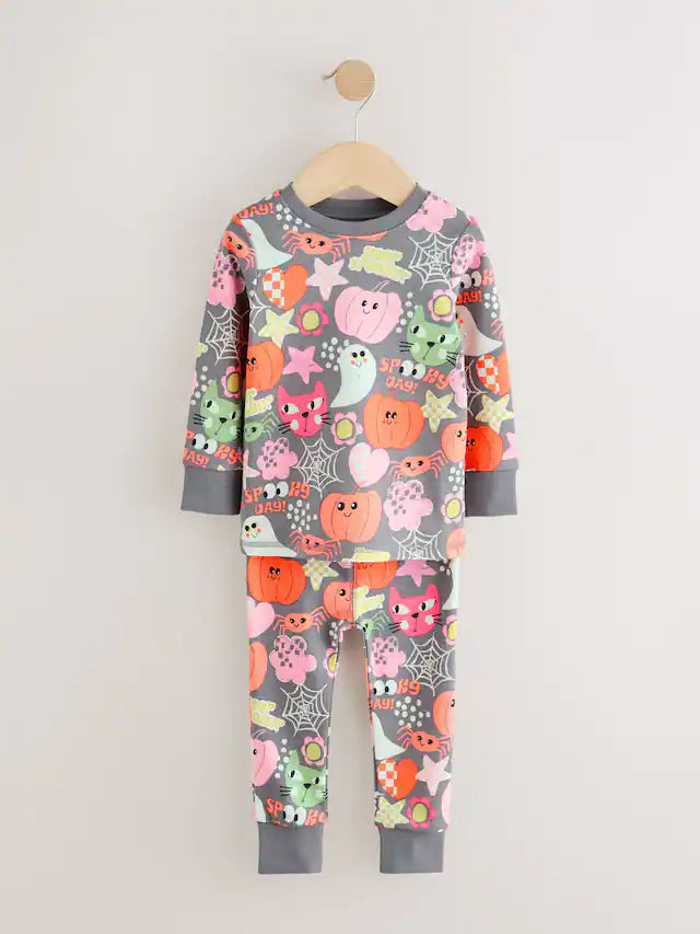 |Girl| Pijama de Halloween Com Estampa De Fantasma e Abóbora Cinza (9 meses a 12 anos)