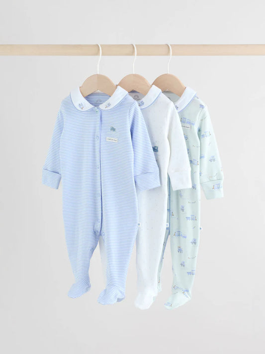 |BabyBoy| Pacote Com 3 Macacões Bordados Para Bebês, Branco/Azul