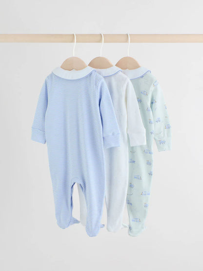 |BabyBoy| Pacote Com 3 Macacões Bordados Para Bebês, Branco/Azul