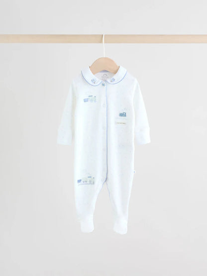 |BabyBoy| Pacote Com 3 Macacões Bordados Para Bebês, Branco/Azul
