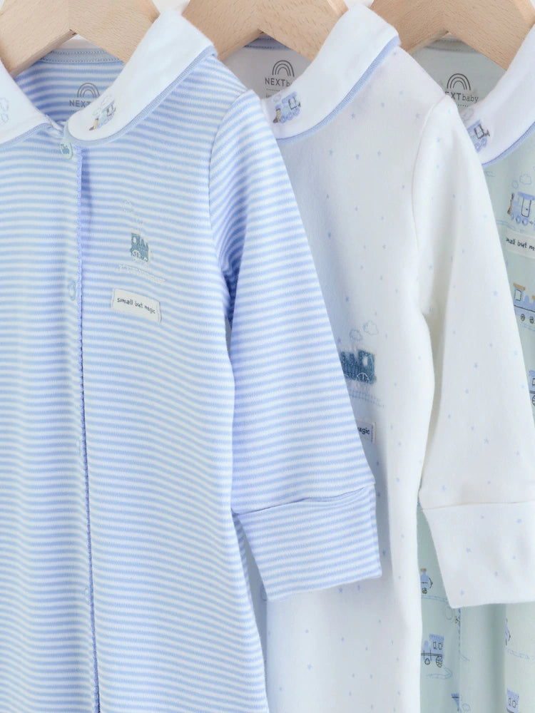 |BabyBoy| Pacote Com 3 Macacões Bordados Para Bebês, Branco/Azul