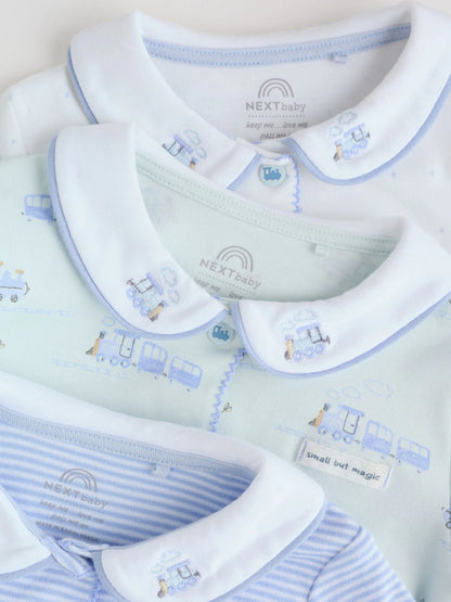 |BabyBoy| Pacote Com 3 Macacões Bordados Para Bebês, Branco/Azul