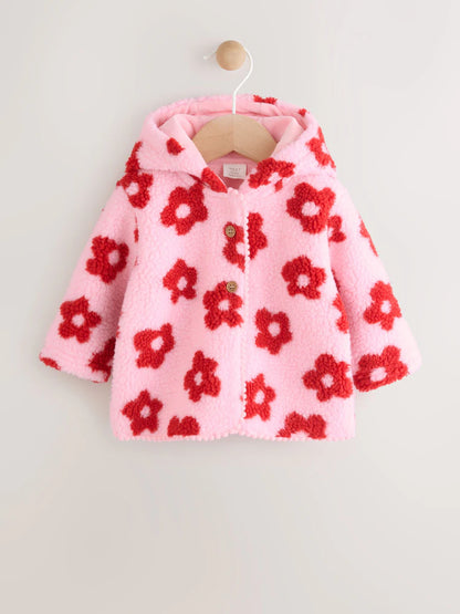 |BabyGirl| Jaqueta Borg Com Capuz e Estampa Floral Rosa Para Bebê (0 meses a 2 anos)