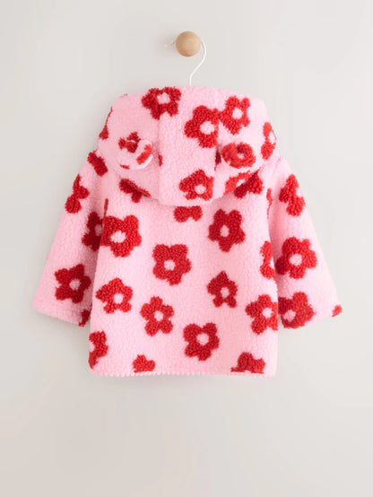 |BabyGirl| Jaqueta Borg Com Capuz e Estampa Floral Rosa Para Bebê (0 meses a 2 anos)