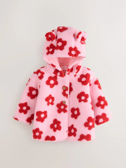 |BabyGirl| Jaqueta Borg Com Capuz e Estampa Floral Rosa Para Bebê (0 meses a 2 anos)
