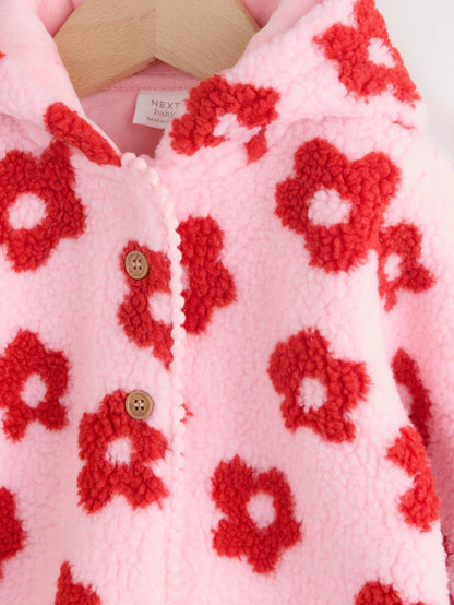 |BabyGirl| Jaqueta Borg Com Capuz e Estampa Floral Rosa Para Bebê (0 meses a 2 anos)