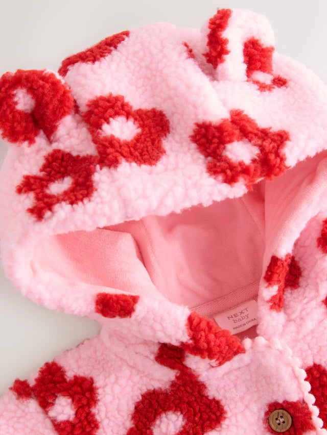 |BabyGirl| Jaqueta Borg Com Capuz e Estampa Floral Rosa Para Bebê (0 meses a 2 anos)