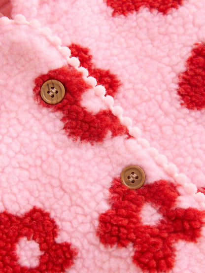 |BabyGirl| Jaqueta Borg Com Capuz e Estampa Floral Rosa Para Bebê (0 meses a 2 anos)