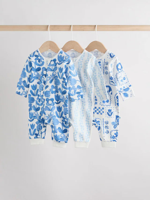 |BabyGirl| Macacão De Dormir Sem Pé Para Bebê, Azul, 100% Algodão, Com Zíper Bidirecional, pacote com 3 (0 meses a 3 anos)