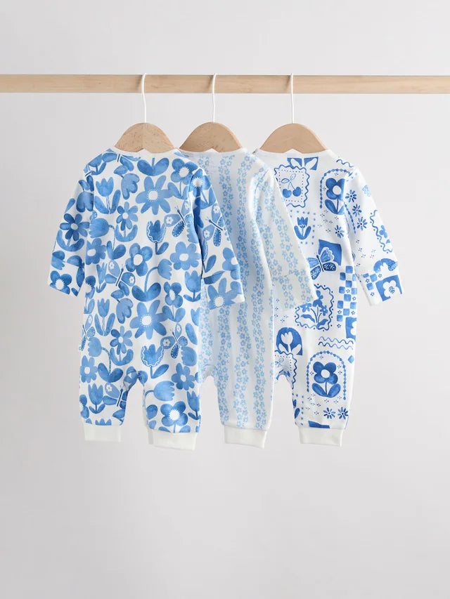 |BabyGirl| Macacão De Dormir Sem Pé Para Bebê, Azul, 100% Algodão, Com Zíper Bidirecional, pacote com 3 (0 meses a 3 anos)