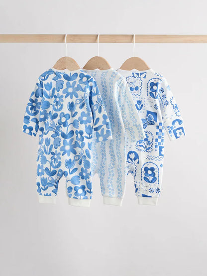 |BabyGirl| Macacão De Dormir Sem Pé Para Bebê, Azul, 100% Algodão, Com Zíper Bidirecional, pacote com 3 (0 meses a 3 anos)