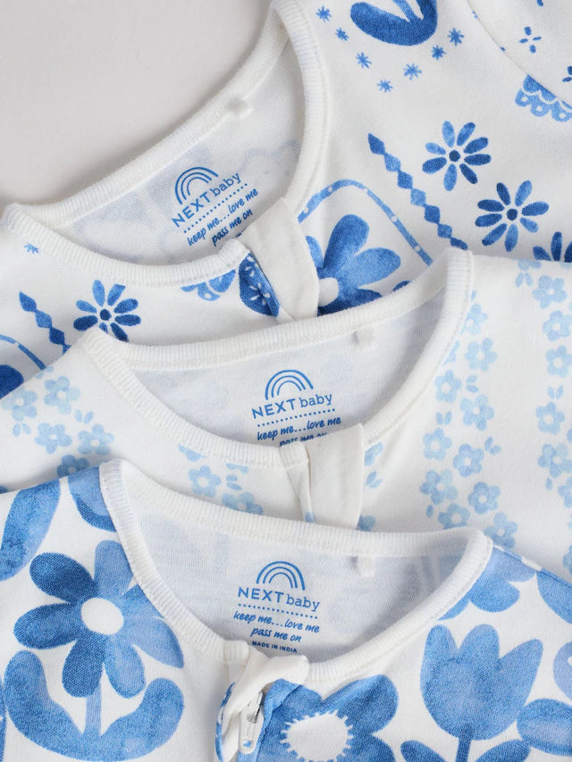 |BabyGirl| Macacão De Dormir Sem Pé Para Bebê, Azul, 100% Algodão, Com Zíper Bidirecional, pacote com 3 (0 meses a 3 anos)