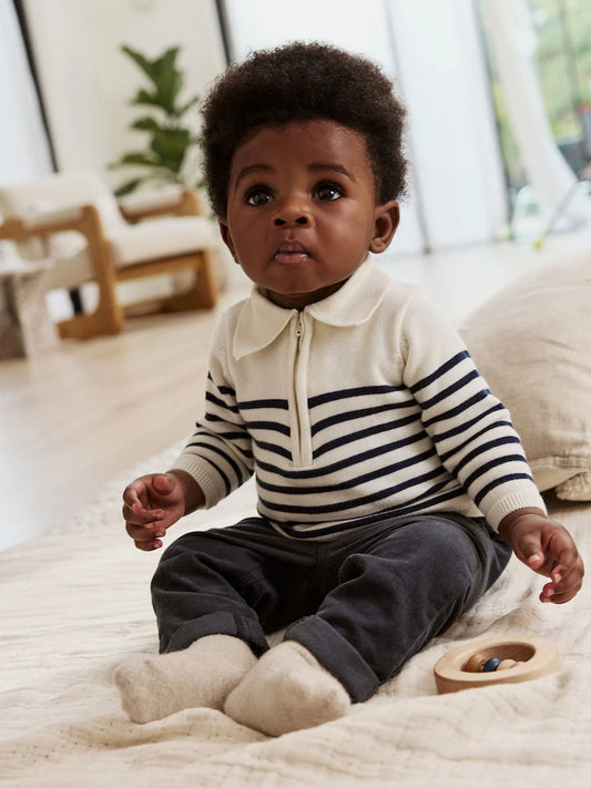 |BabyBoy| Conjunto De Blusa e Calça De Malha Listrada Azul Marinho Para Bebê (0 meses a 2 anos)