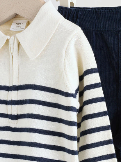 |BabyBoy| Conjunto De Blusa e Calça De Malha Listrada Azul Marinho Para Bebê (0 meses a 2 anos)