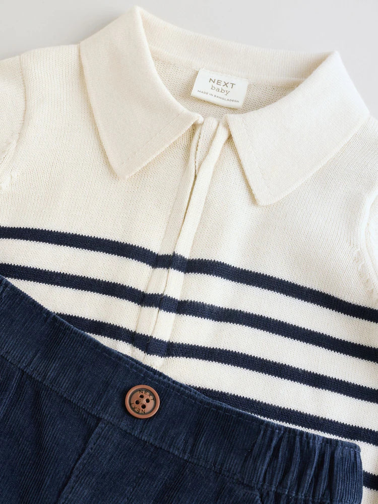 |BabyBoy| Conjunto De Blusa e Calça De Malha Listrada Azul Marinho Para Bebê (0 meses a 2 anos)