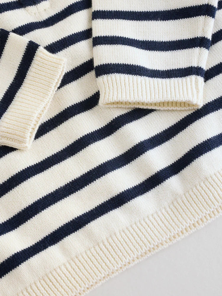 |BabyBoy| Conjunto De Blusa e Calça De Malha Listrada Azul Marinho Para Bebê (0 meses a 2 anos)