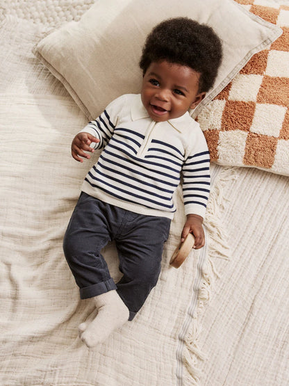 |BabyBoy| Conjunto De Blusa e Calça De Malha Listrada Azul Marinho Para Bebê (0 meses a 2 anos)