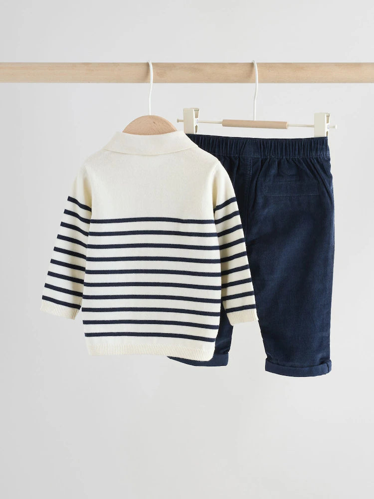 |BabyBoy| Conjunto De Blusa e Calça De Malha Listrada Azul Marinho Para Bebê (0 meses a 2 anos)