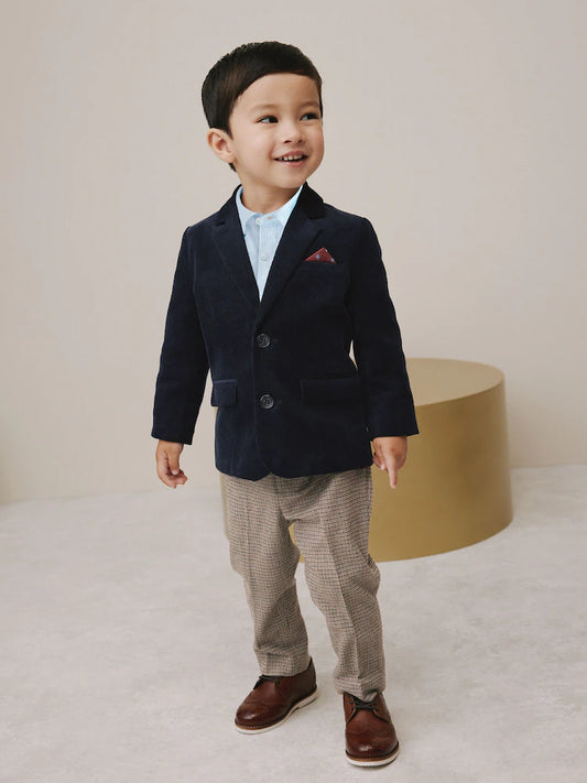 |Boy| Conjunto De Blazer, Camisa e Calça De Veludo Cotelê Azul Marinho (3 meses a 9 anos)