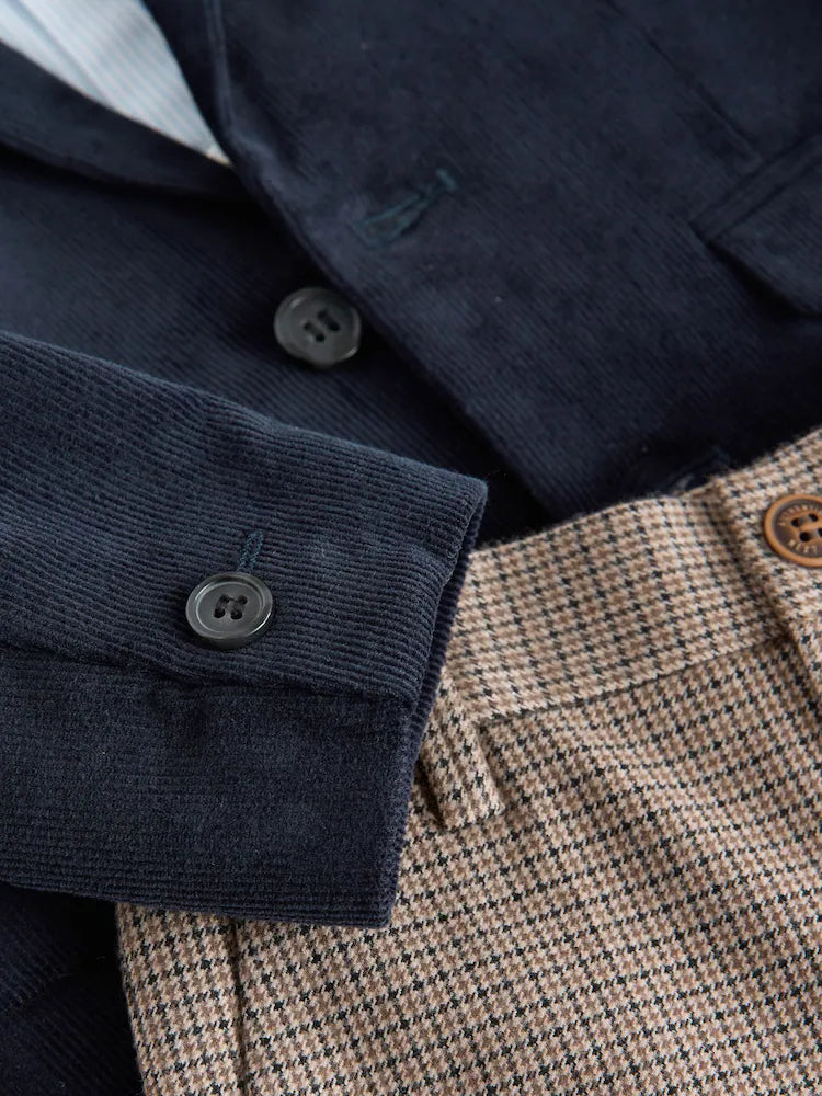 |Boy| Conjunto De Blazer, Camisa e Calça De Veludo Cotelê Azul Marinho (3 meses a 9 anos)