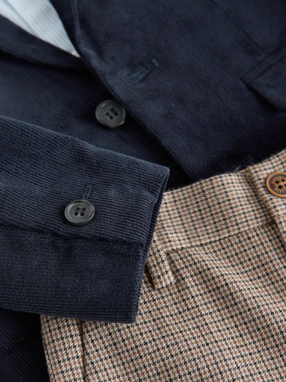 |Boy| Conjunto De Blazer, Camisa e Calça De Veludo Cotelê Azul Marinho (3 meses a 9 anos)