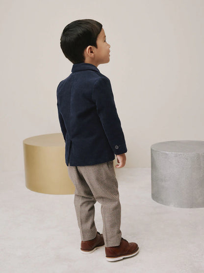 |Boy| Conjunto De Blazer, Camisa e Calça De Veludo Cotelê Azul Marinho (3 meses a 9 anos)