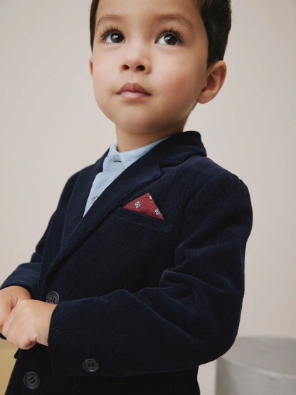 |Boy| Conjunto De Blazer, Camisa e Calça De Veludo Cotelê Azul Marinho (3 meses a 9 anos)