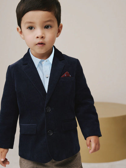 |Boy| Conjunto De Blazer, Camisa e Calça De Veludo Cotelê Azul Marinho (3 meses a 9 anos)