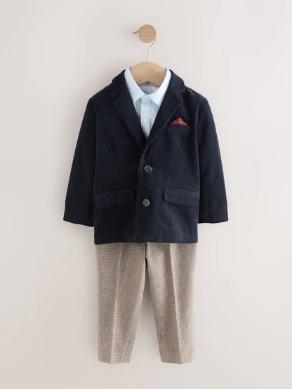 |Boy| Conjunto De Blazer, Camisa e Calça De Veludo Cotelê Azul Marinho (3 meses a 9 anos)